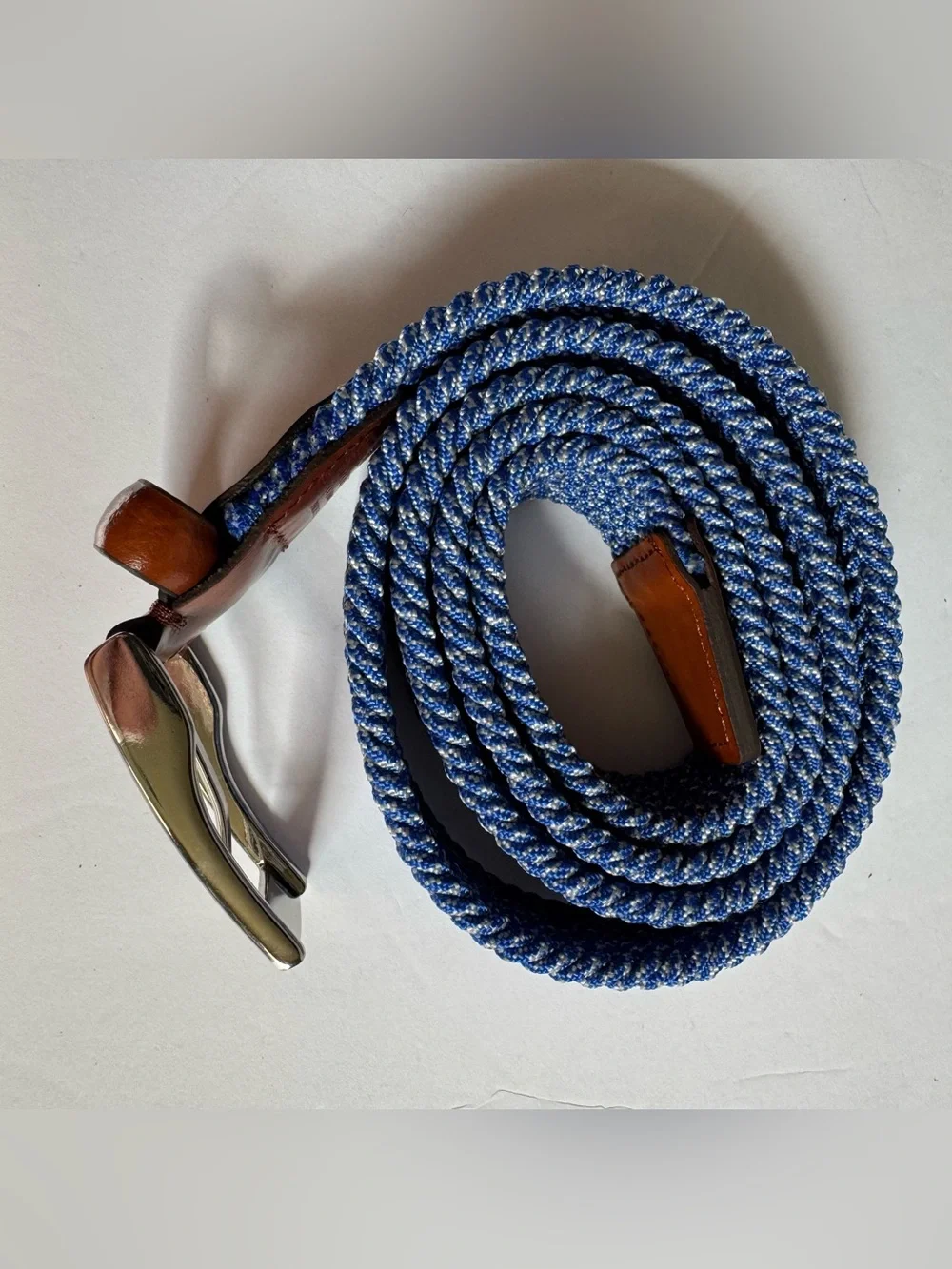 Italian Leather Woven Braided Stretch Belt Blue Brown 40 Casual Golf